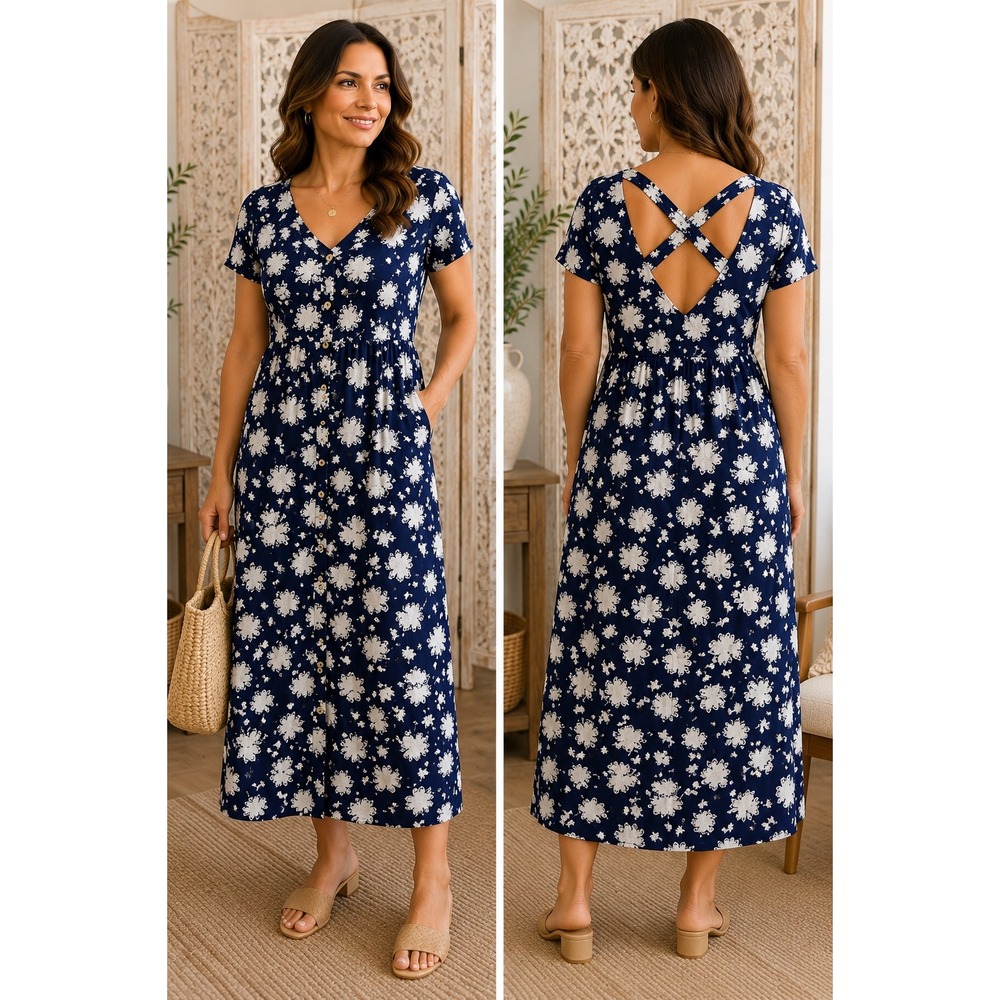 Maeve Anthropologie Navy Blue Floral Button Front Midi Dress Strappy Back 0P - Picture 1 of 10